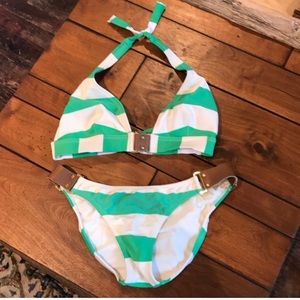 Vix, Green & White Stripe Bikini, Size Large